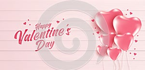 Valentine`s day sale poster or banner with many sweet hearts and on soft pink color wooden background. Promotion and shopping temp