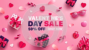 Valentine's Day Sale Poster or banner with sweet gift,sweet heart and lovely items on pink background.Promotion and shopping