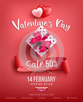 Valentine`s Day Sale Poster or banner with sweet gift,sweet heart and lovely items on red background.Promotion and shopping