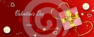 Valentine's day sale poster, red illustration with gift box and gold glittering hearts, scented candles