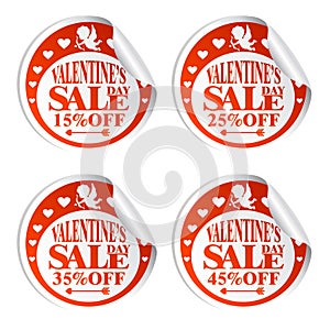 Valentine`s Day sale stickers with Cupid 15,25,35,45 percent off