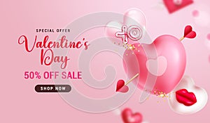 Valentine\'s day sale text vector banner. Happy valentine\'s day special offer discount text with bow and arrow