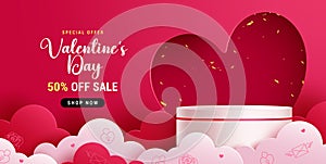 Valentine\'s day sale text vector banner. Valentine\'s day podium promo discount offer with heart and paper cut