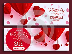 Valentine`s day sale vector banner background. Valentine`s day discount offer text with floating hot air balloon hearts element.