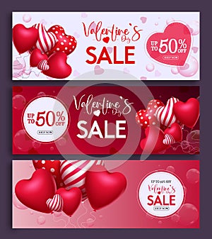 Valentine`s day sale vector banner background. Valentine`s day promo with 50% off text in space with balloon hearts element.