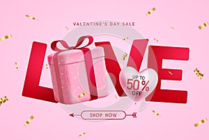 Valentine`s day sale vector banner design. Love text with gift box surprise elements for seasonal promo