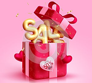Valentine`s day sale vector concept design. Valentine`s gift shopping box for hearts day occasion