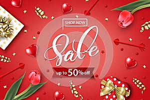 Valentine`s Day sale web banner. Top view on composition