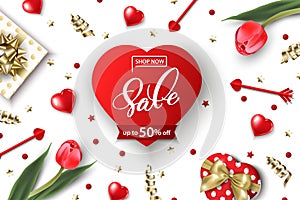 Valentine`s Day sale web banner. Top view on composition with gift box, red tulips, confetti,red sparkly hearts. Vector