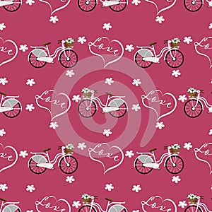 Valentine`s Day seamless pattern of white bicycle, tiny flower and Love text in heart shape on pink background.