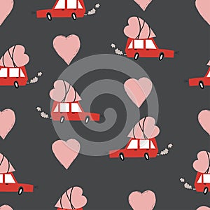 Valentine`s day seamless pattern with car delivering heart.