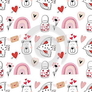 Valentine`s day seamless pattern with cute bear and rainbows, kids wallpaper, holidays background for gift paper