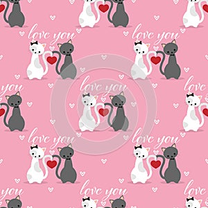 Valentine`s Day seamless pattern of cute couple cats and red heart with Love you text on pink background with tiny hearts.