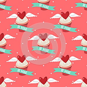 Valentine`s Day seamless pattern of cute cupcakes with red heart with wings and Be mine text on green ribbon on red background.