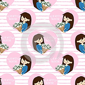 Valentine`s Day seamless pattern with cute girl received a beautiful bouquet in happy moment.