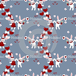 Valentine`s Day seamless pattern of cute rabbits couple with heart shape balloons and a bouquet with Happy Valentine`s Day text.