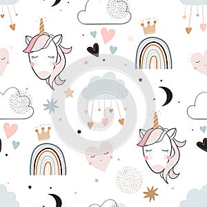 Valentine`s Day seamless pattern with cute unicorns, clouds and rainbows, kids background, wallpaper