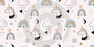 Valentine`s Day seamless pattern with cute unicorns, clouds and rainbows, kids background, wallpaper, gift paper, holidays surface