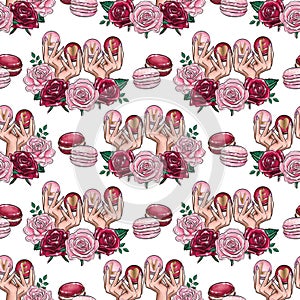 Valentine\'s day seamless pattern design. Love background. Roses, macaroons and love