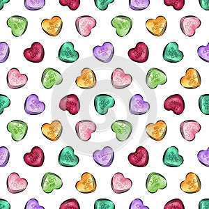 Valentine\'s day seamless pattern design. Multicolor hearts candies. Love background.