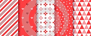 Valentine's day seamless pattern. Red backgrounds. Love textures with heart, dots, stripes and spirals