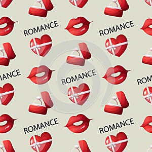 Valentine s day seamless pattern with wedding ring in red box, red heart and red lipstick kiss vector