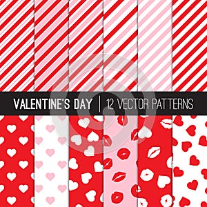 Valentine`s Day Seamless Patterns with Red, White and Pink Stripes, Hearts, Lips and Kisses, Lipstick Marks