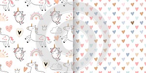 Valentine`s day seamless patterns set with unicorns and rainbows, kids wallpaper, holidays background for gift paper