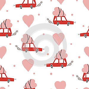 Valentine`s day seamless vector pattern with car delivering heart