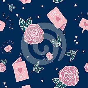 Valentine`s day seamless vector pattern on dark background with flowers, cards and hearts