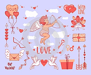 Valentine`s Day set. Cupid and the elements of love. Vector illustration