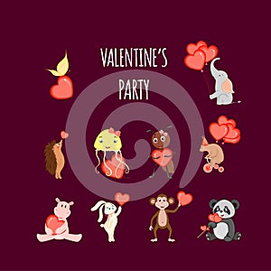 Valentine`s Day set of cute animals. Cartoon style. Vector illustration