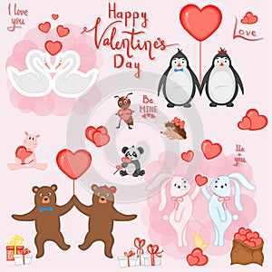 Valentine`s Day set with cute animals. Cartoon style. Vector illustration