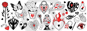 Valentine's Day set of elements. Love modern collection hand drawing with burning heart, flower, rose.Y2k 2000s cute