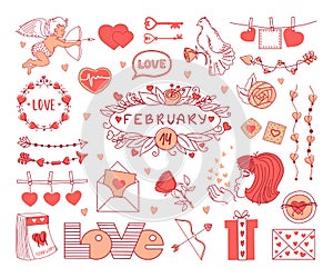 Valentine`s day set of elements on a white background. Vector illustration