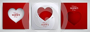 Valentine`s day set. Greeting card, poster, flyer, banner design collection. Cutted paper heart on striped satin background