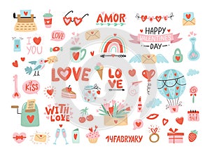 Valentine`s Day set with heart and other elements on a white background. Valentine`s day, wedding and love concept. Vector