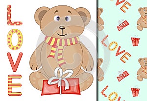 Valentine's Day set of pattern and postcard with a cute teddy bear. Cartoon style. Vector illustration.