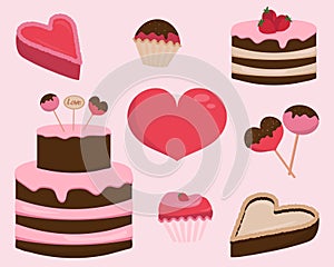 Valentine\'s Day, Set of sweets, cakes, candies, pies, cakepops