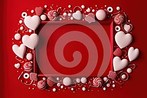 Valentine`s Day sign banner frame with empty space and festive decoration on red background. Generative Ai