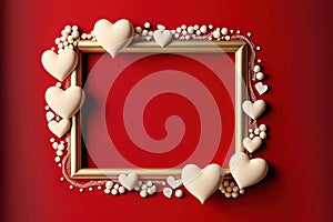 Valentine`s Day sign banner frame with empty space and festive decoration on red background. Generative Ai