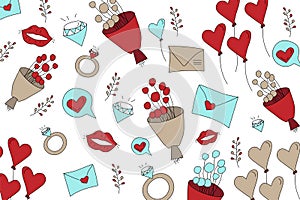 Valentine`s day sketch background. Hand-drawn cartoon icons: wedding ring, kiss, flower bouquet, message, letter, balloons,