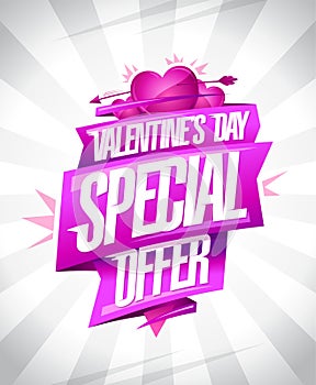 Valentine`s day special offer poster or web banner mockup with pink ribbons and hearts