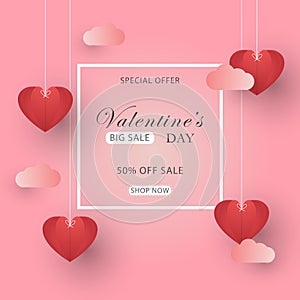 Valentine`s Day Special Offer Sale Illustration in the pink background, with white border, clouds and hanging origami hearts. Desi