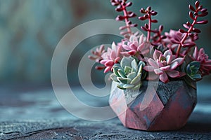 Valentine's day succulent arrangement in a geometric pot with blush and serenity blue tones