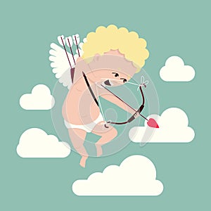 Valentine`s Day symbol Cupid draws a bow to induce romantic love