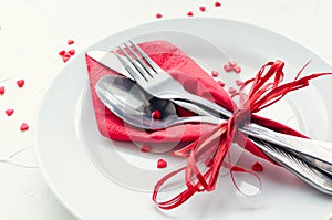 Valentine`s Day tabble setting with cutlery