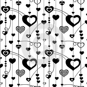 Valentine`s Day tangled heart decorative seamless repeat pattern in black and white