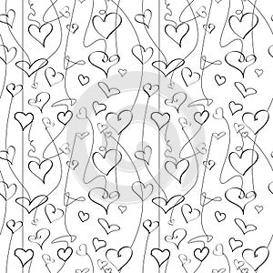 Valentine`s Day tangled heart outlined seamless repeat pattern in black and white