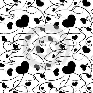 Valentine`s Day tangled heart solid seamless repeat pattern in black and white